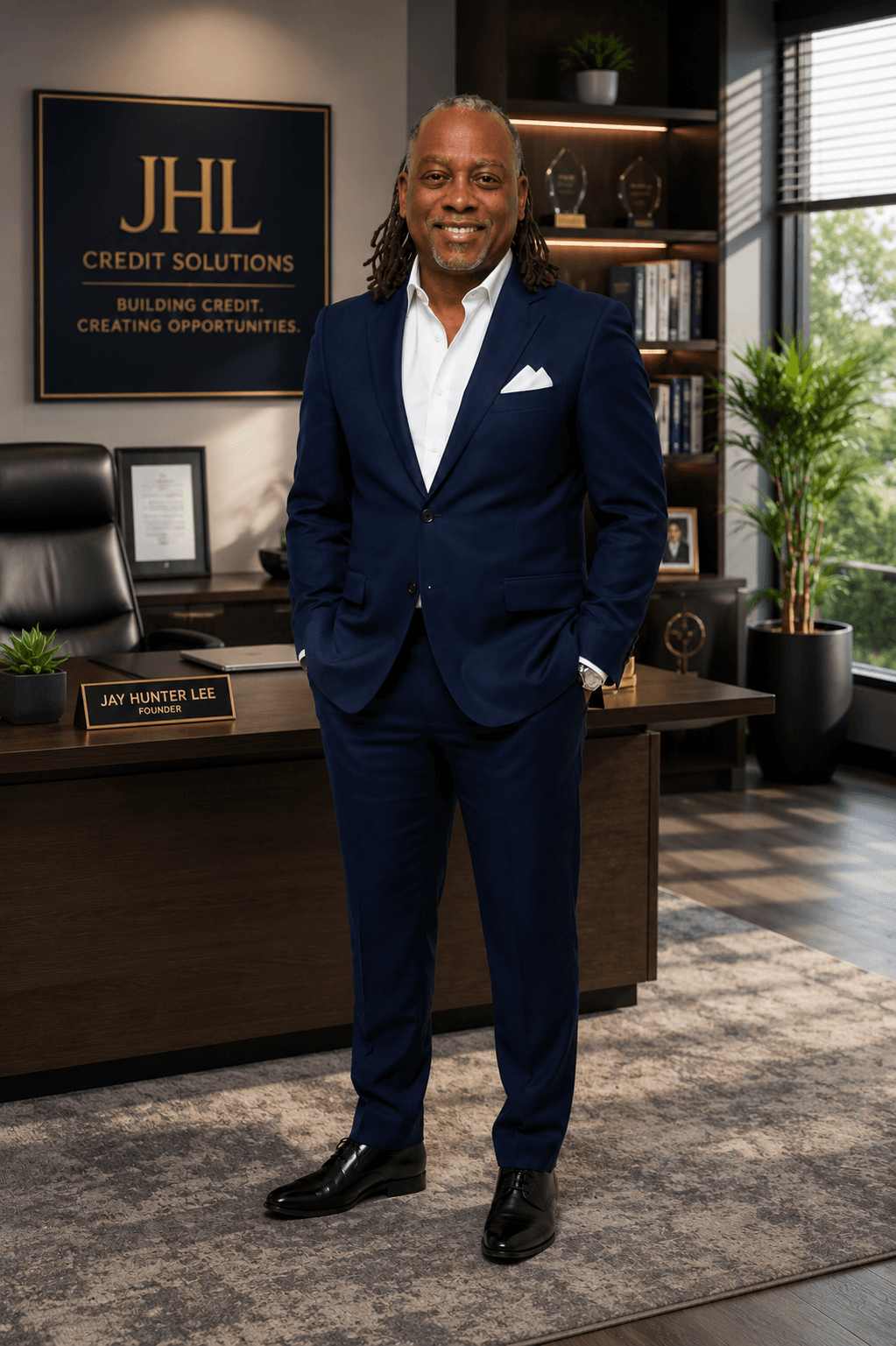 Jay Hunter Lee, founder and entrepreneur, standing in a professional office in a navy suit