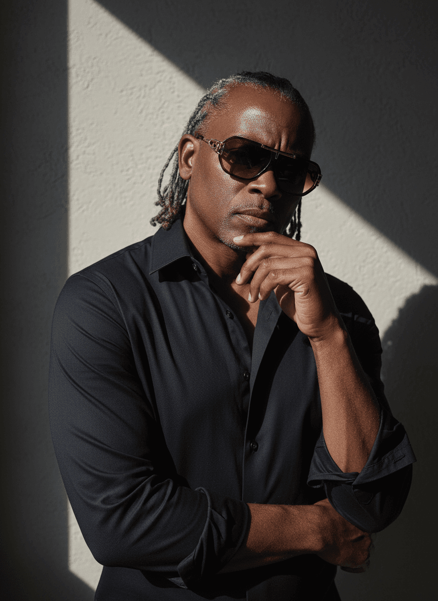 Jay Hunter Lee in a black shirt and sunglasses, posing thoughtfully against a dramatic high-contrast background